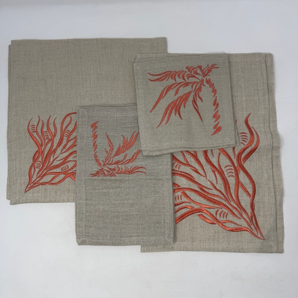 Viabrava 100% Linen Embroidered Table Linens 10 Pieces Abstract Tropical Coastal